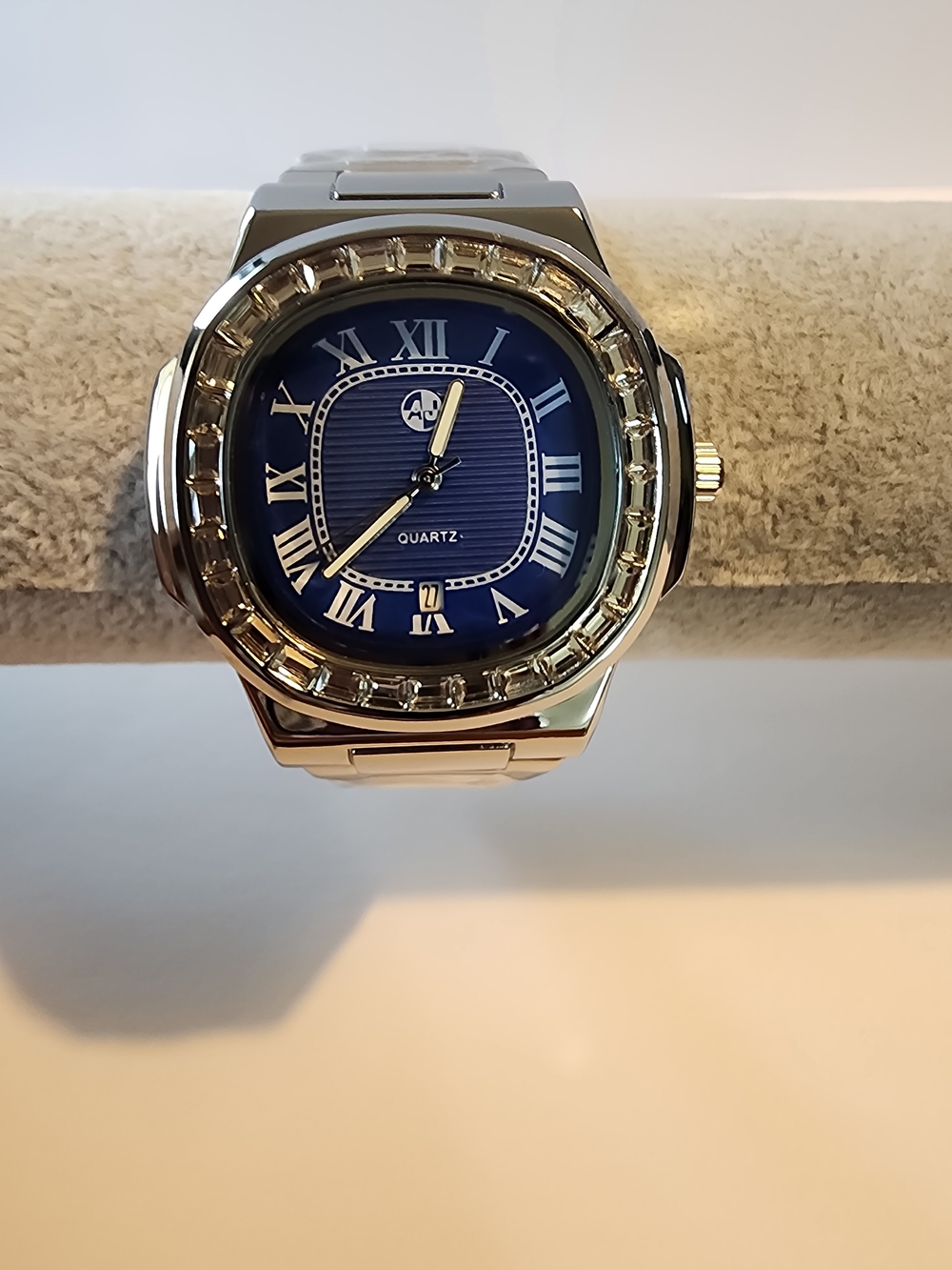 AJ Quartz Silver Tone Watch Blue Dial Stainless Steel Back